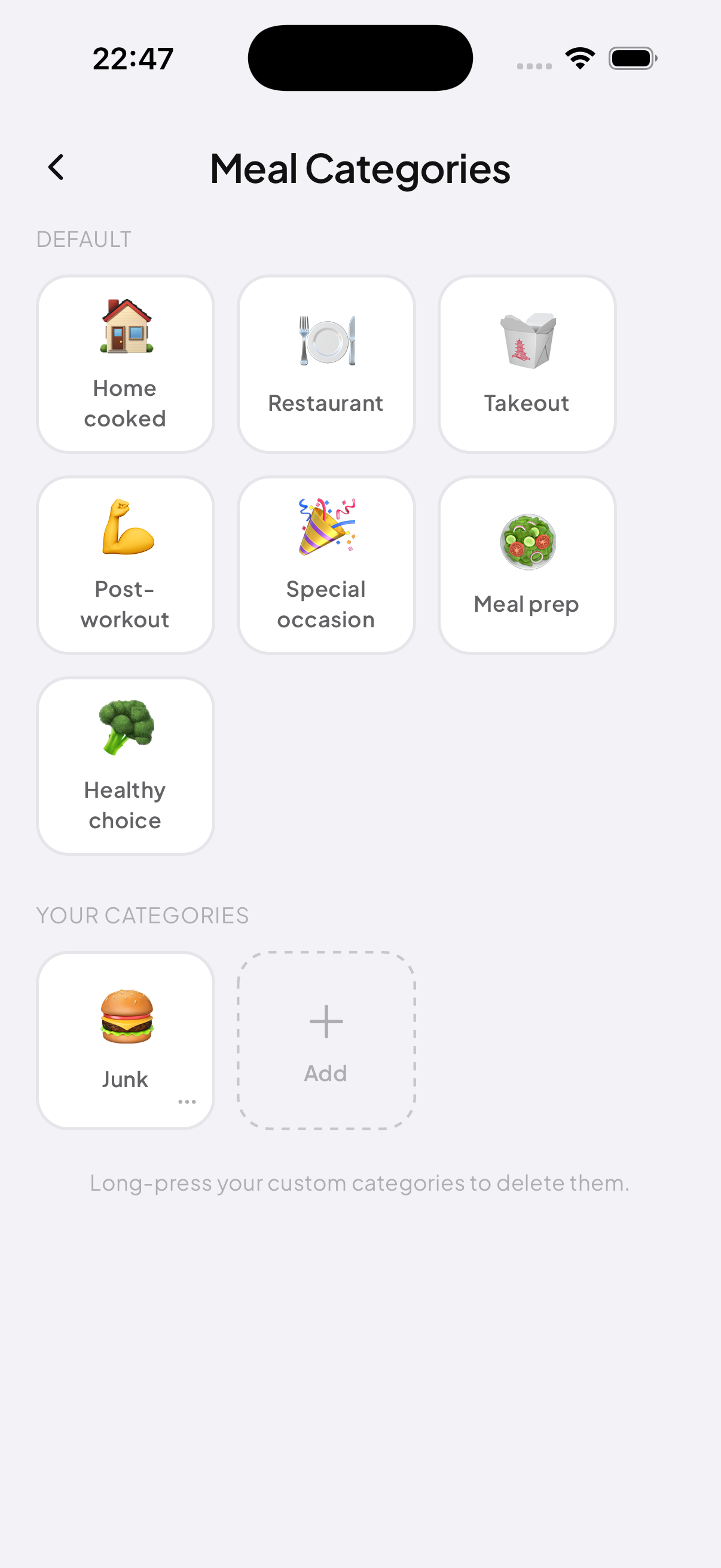 EatAI meal categories screen