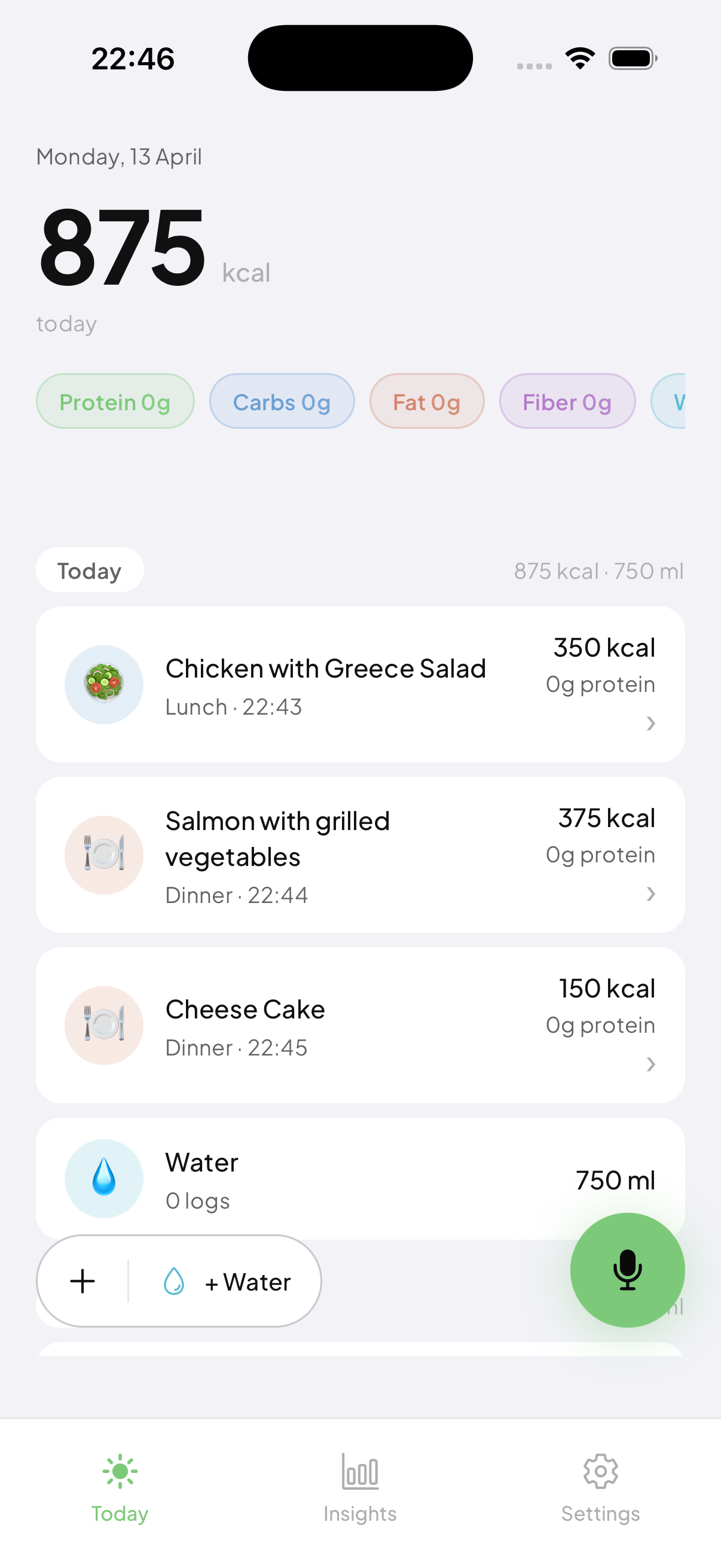 EatAI home screen showing today's meals and macros