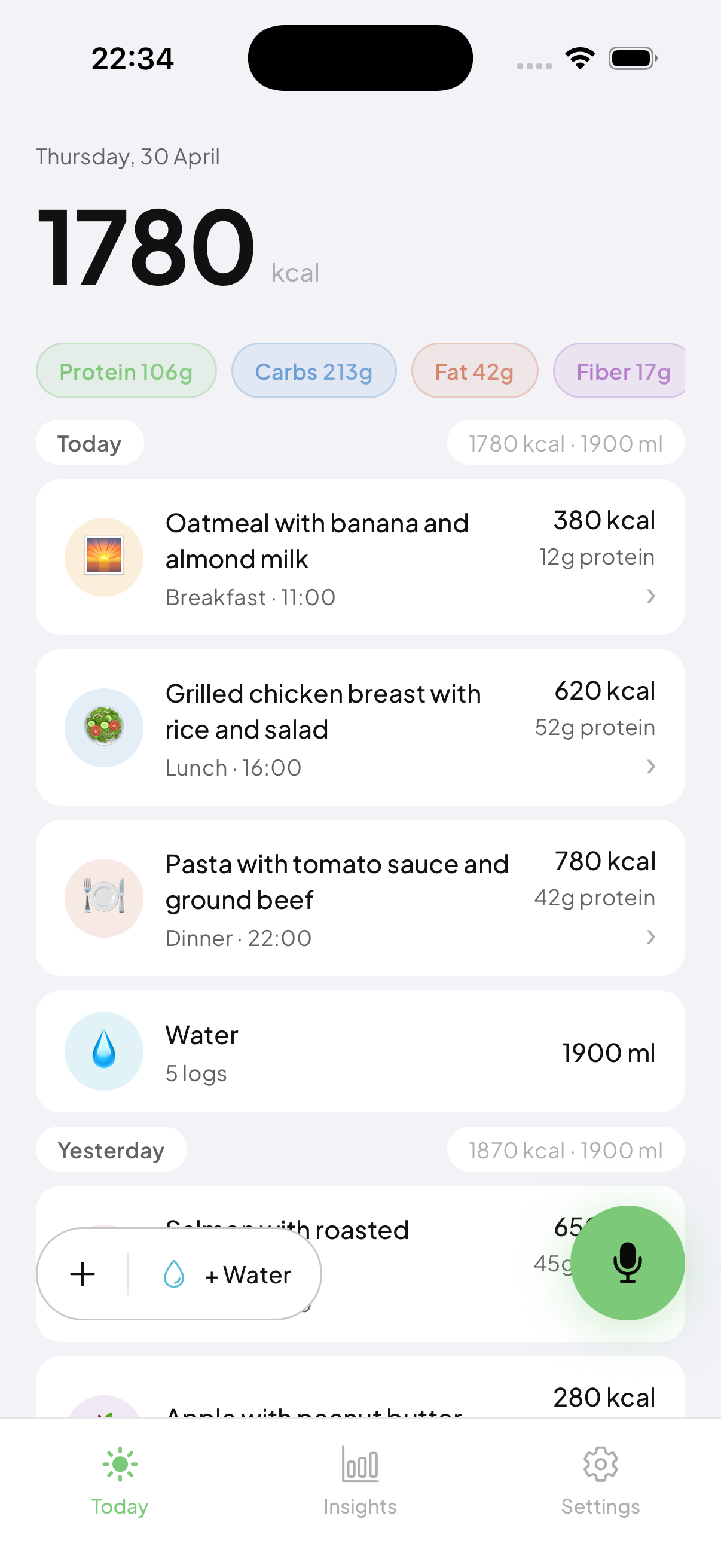 EatAI daily journal — today's meals and macros